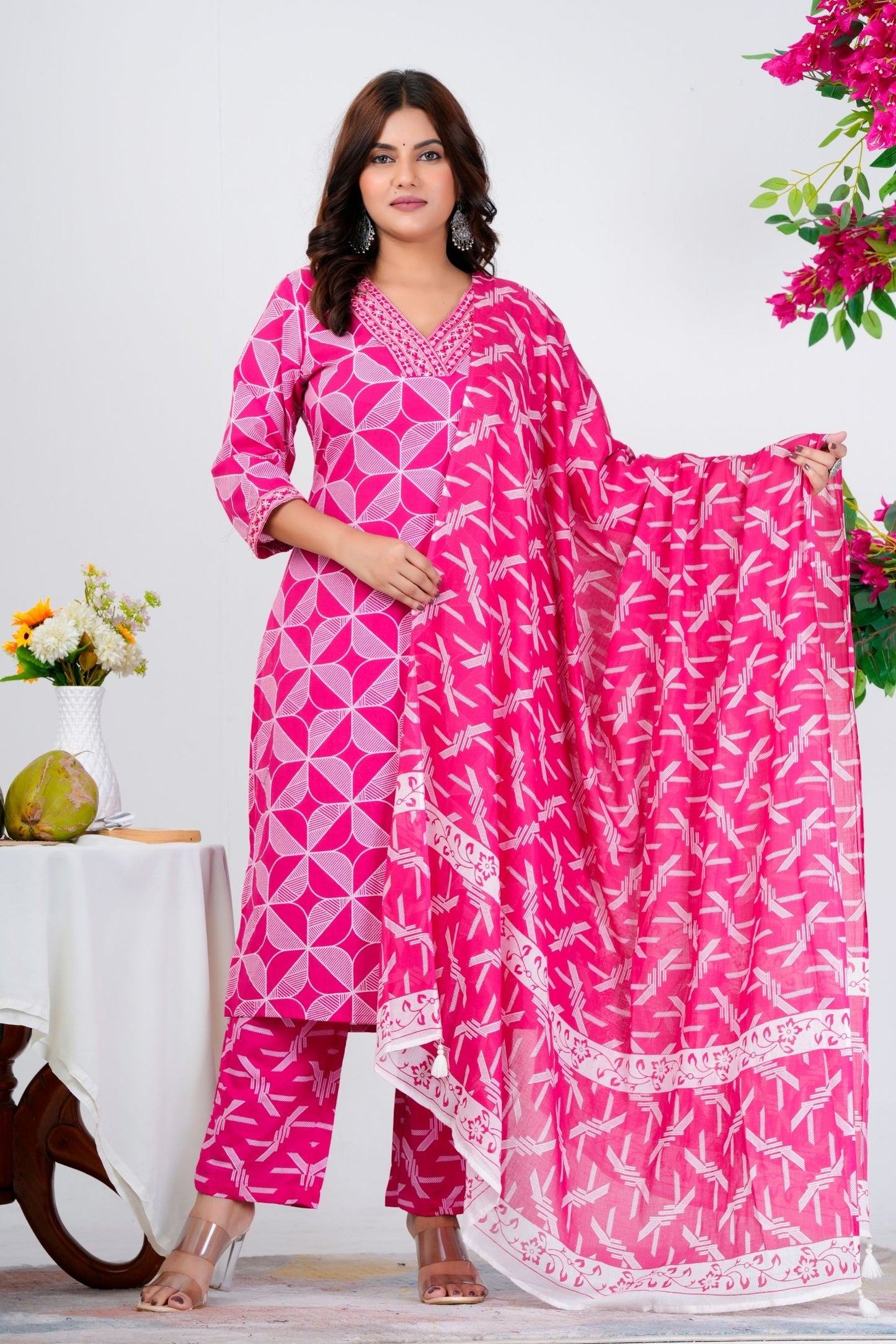 Trendy Pink Geometric Printed Kurta Set with Dupatta