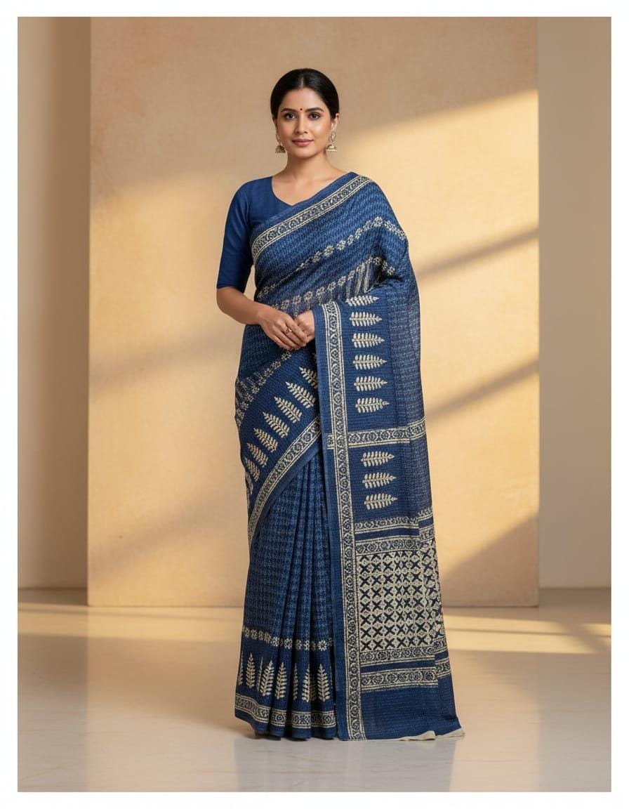 Jaipuri Ajrakh Cotton Saree, Bagru Indigo Print Sari, Traditional Indian Ethnic Wear with Blouse Piece