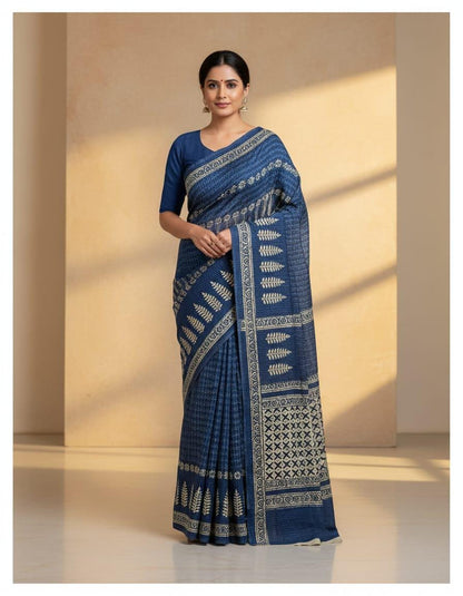 Jaipuri Ajrakh Cotton Saree, Bagru Indigo Print Sari, Traditional Indian Ethnic Wear with Blouse Piece