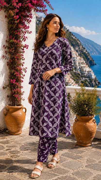 Purple Jaipuri Cotton Kurta Pant Set, Geometric Print, Summer Ethnic Wear