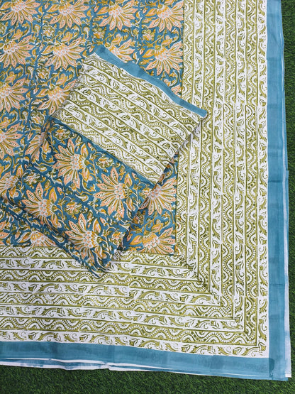 Rajasthani Traditional Pure Hand Block Printed Cotton Double Bedsheet with Zipper Pillow Covers