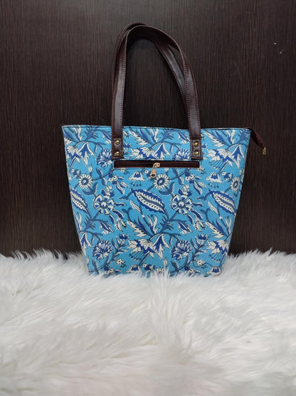 Jaipuri Print Cotton Tote Bag Set | Leather Trimmed Clutch, Coin Purse, Goggle Case