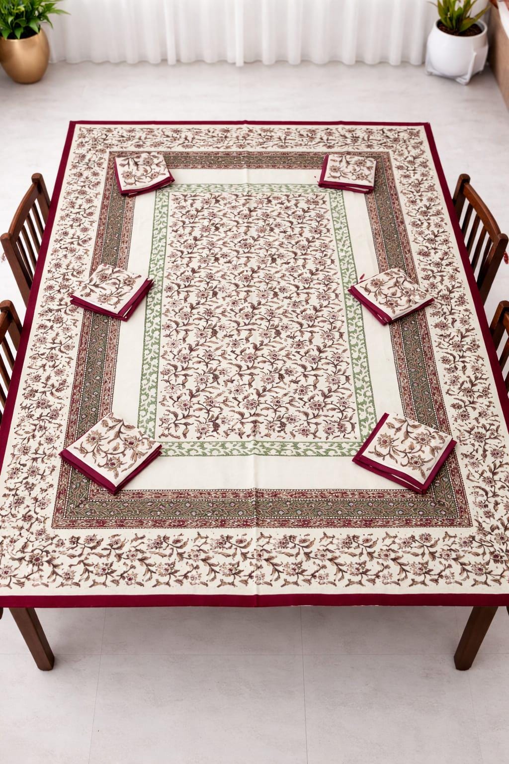 Bagru Print Cotton Table Cover Set, 60x90 Inch, 6 Napkins, Indian Home Decor