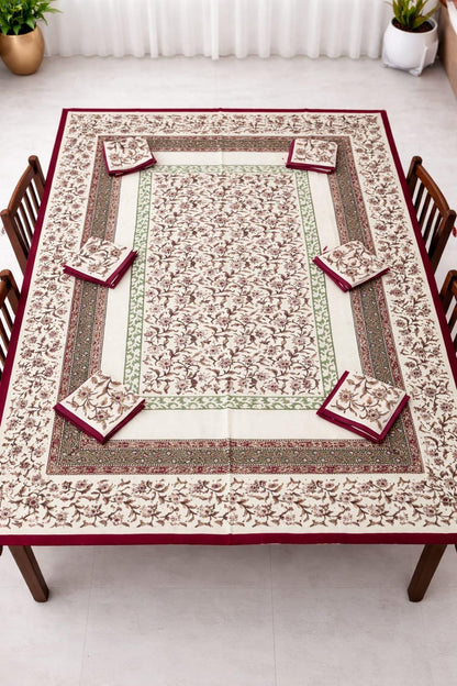 Bagru Print Cotton Table Cover Set, 60x90 Inch, 6 Napkins, Indian Home Decor