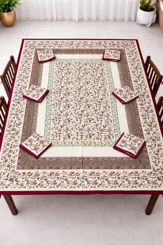 Bagru Print Cotton Table Cover Set, 60x90 Inch, 6 Napkins, Indian Home Decor