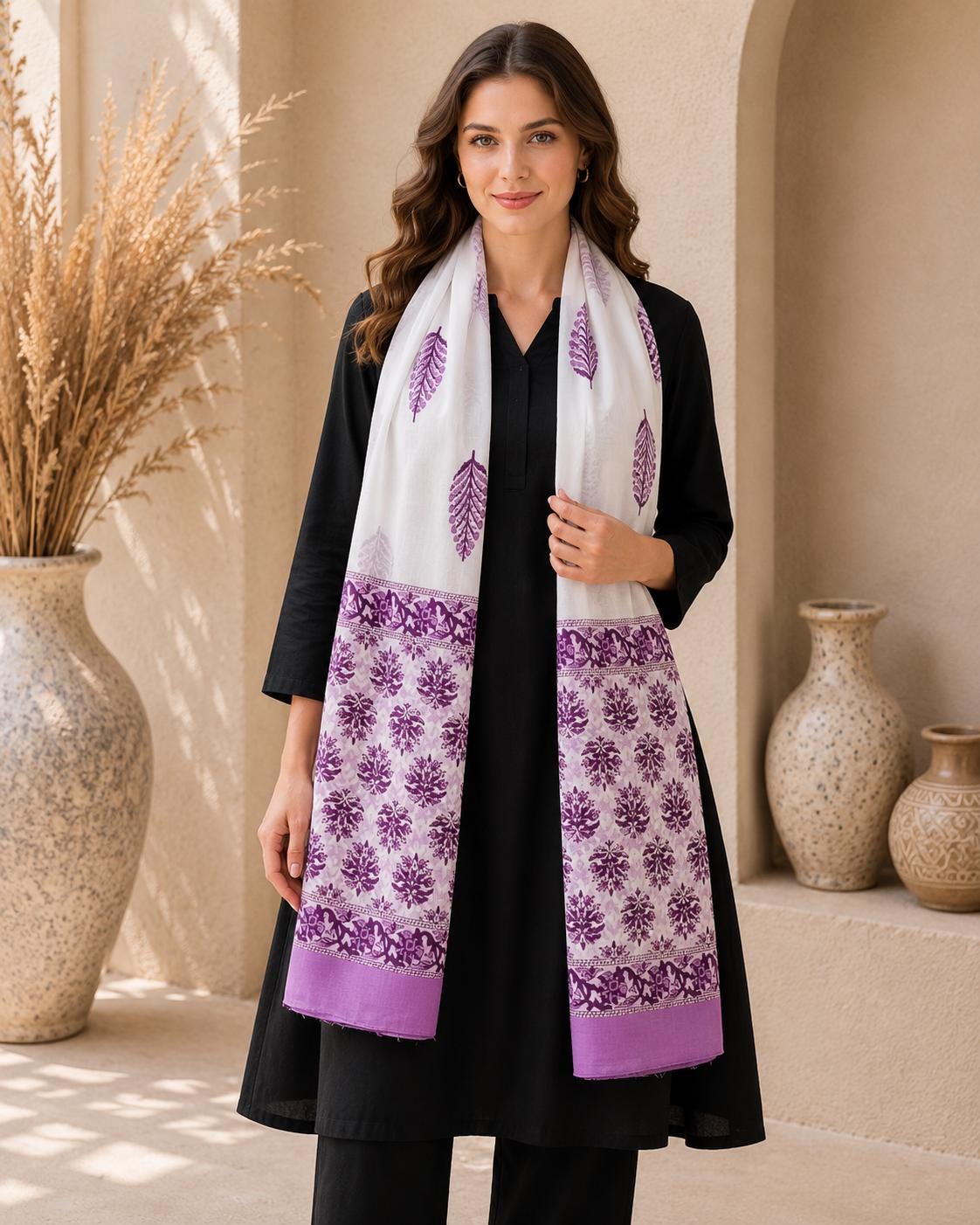 Hand Block Cotton Mul-Mul Dupatta, Botanical Floral Print, Lightweight Summer Scarf, Ethnic Stole