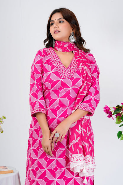 Trendy Pink Geometric Printed Kurta Set with Dupatta