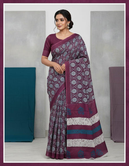 Jaipuri Ajrakh Cotton Saree, Bagru Indigo Print Sari, Traditional Indian Ethnic Wear with Blouse Piece