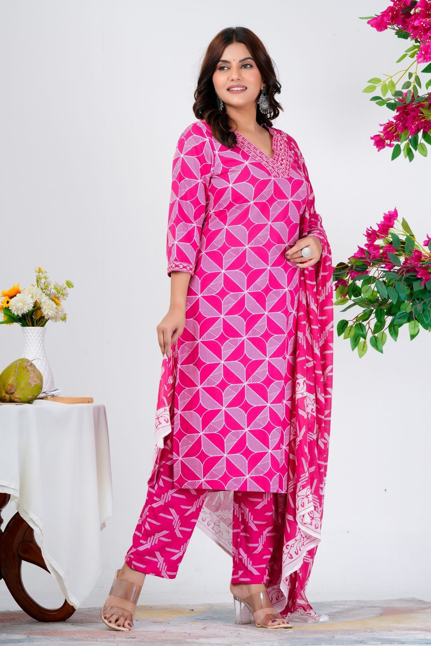 Trendy Pink Geometric Printed Kurta Set with Dupatta
