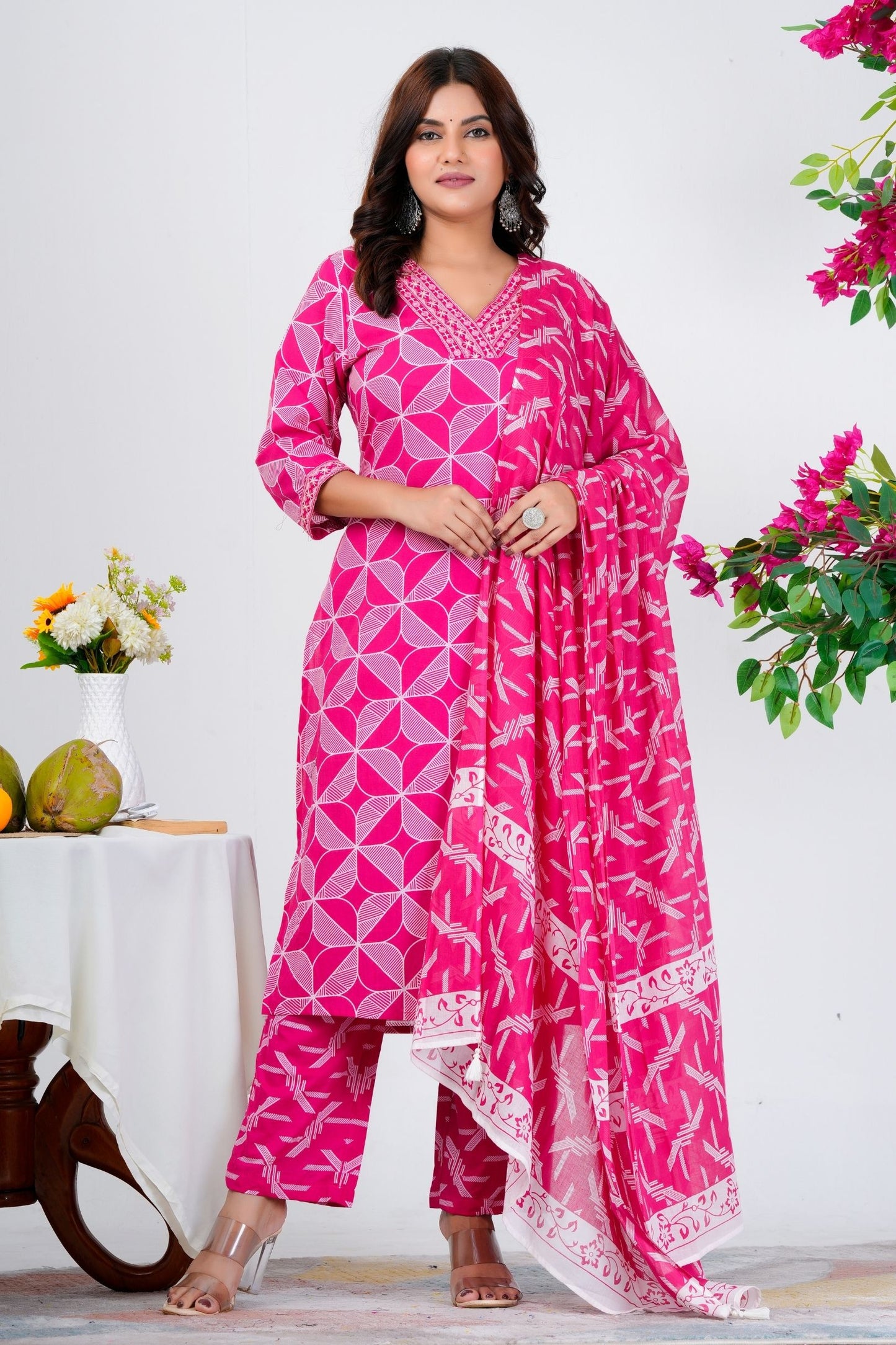 Trendy Pink Geometric Printed Kurta Set with Dupatta