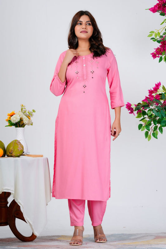 Elegant Baby Pink Solid Kurta Set with Subtle Embellishments
