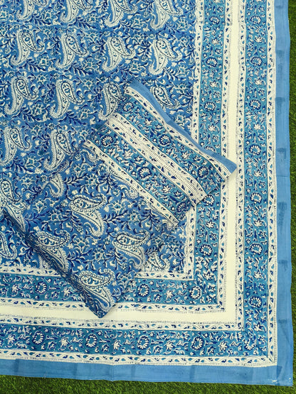 Rajasthani Traditional Pure Hand Block Printed Cotton Double Bedsheet with Zipper Pillow Covers