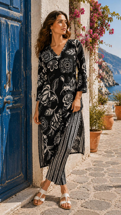 Black Jaipuri Cotton Kurta Pant Set, Floral Indian Ethnic Co-ord Outfit (M-2XL)
