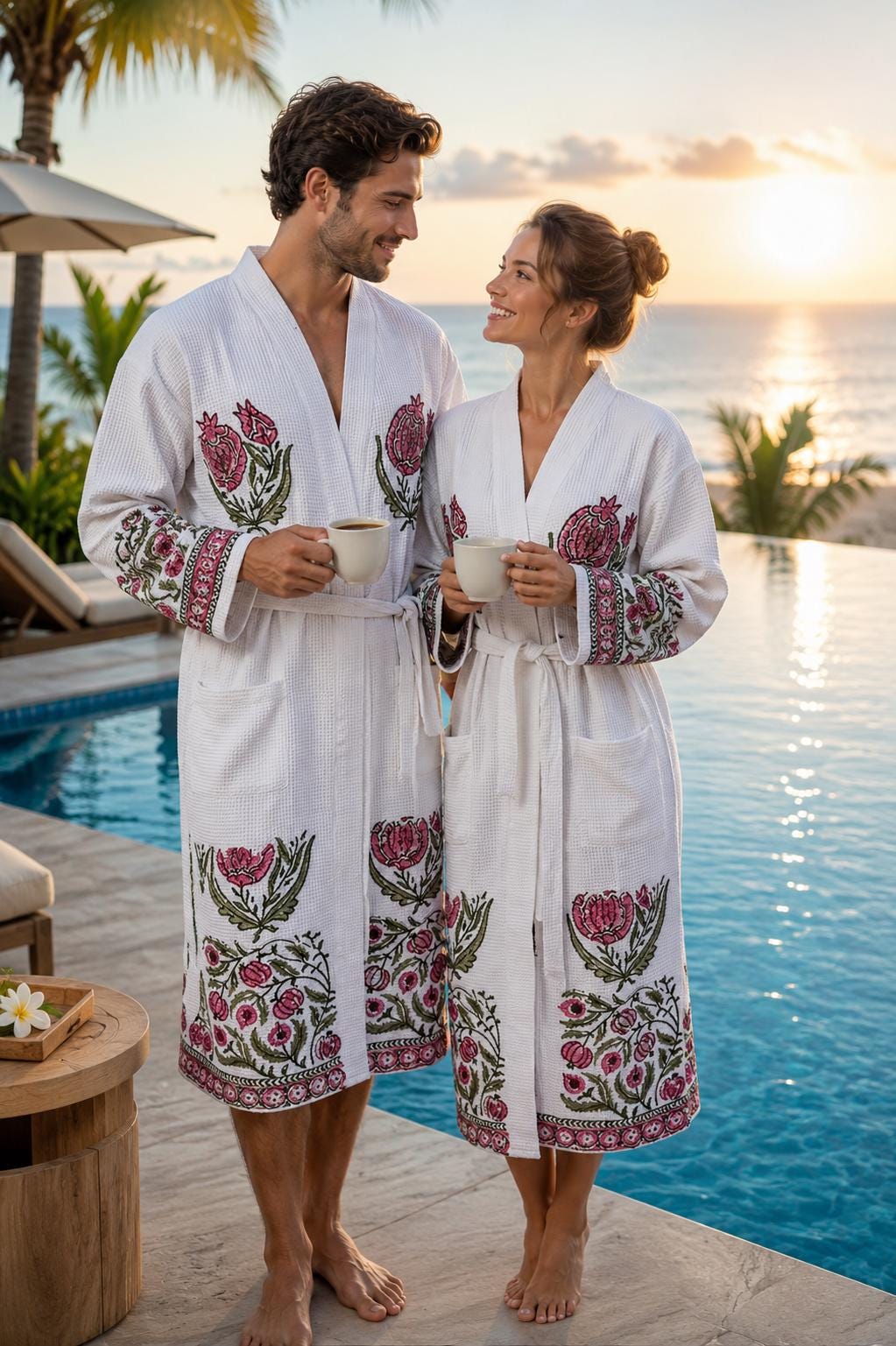 Hand Block Printed Cotton Waffle Robes for Couples | Green Floral Jaipur Kimono Bathrobes