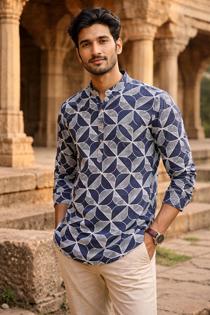 Jaipuri Printed Short Kurta for Men | 100% Cotton Rajasthani Ethnic Wear | Full Sleeves Indian Kurta