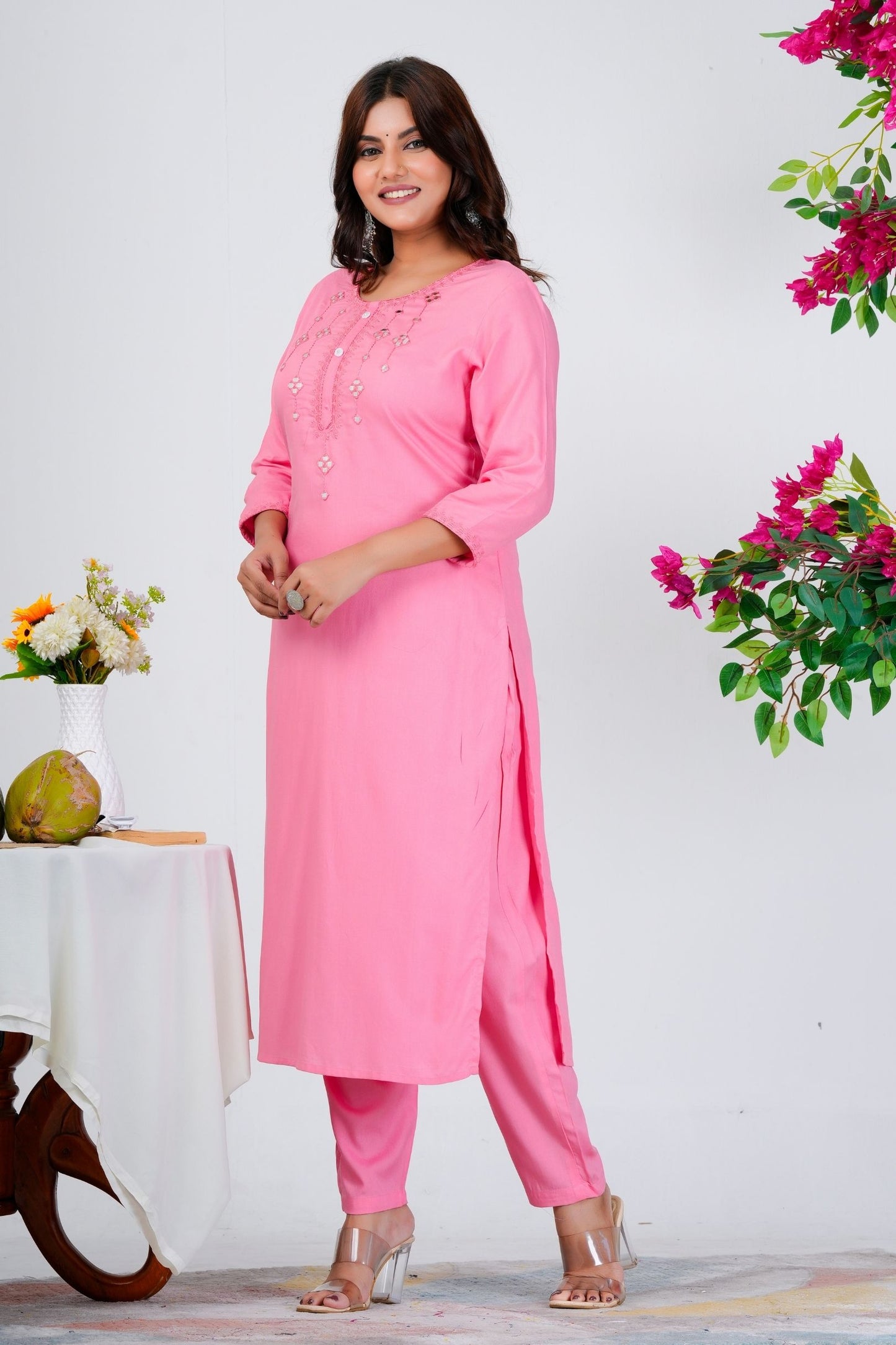Elegant Baby Pink Solid Kurta Set with Subtle Embellishments