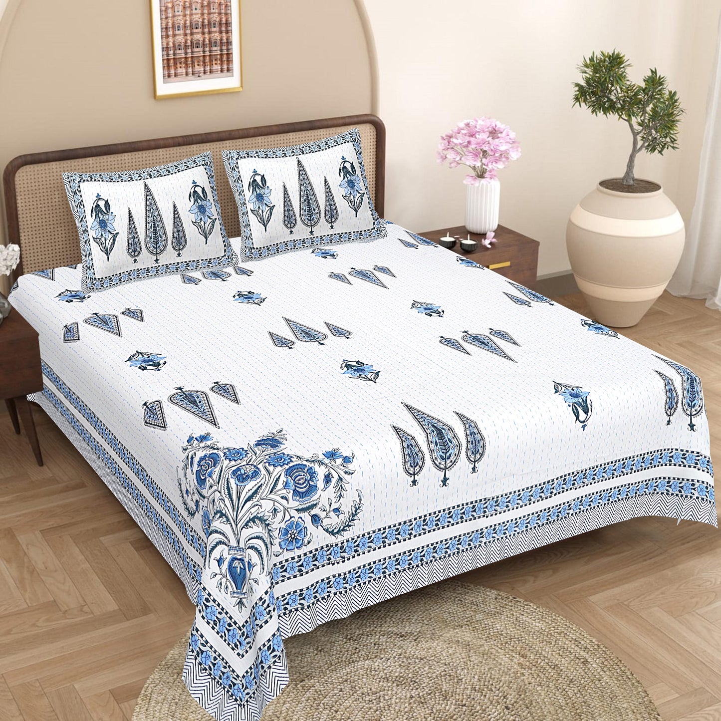 Hand Block Printed Cotton Bedsheet Set, Floral Paisley Indian Bedding (86x106 Inch)