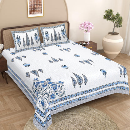 Hand Block Printed Cotton Bedsheet Set, Floral Paisley Indian Bedding (86x106 Inch)