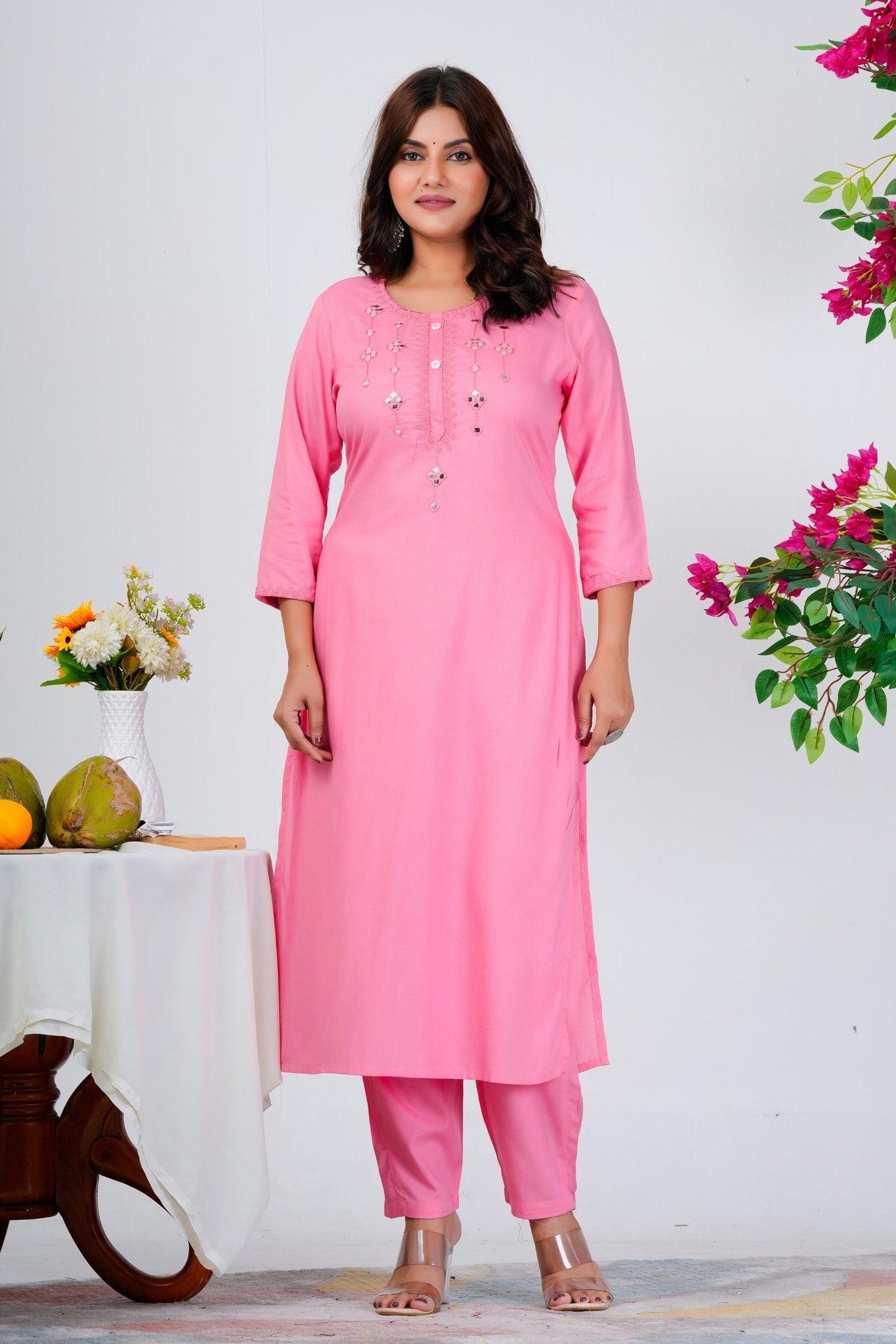 Elegant Baby Pink Solid Kurta Set with Subtle Embellishments
