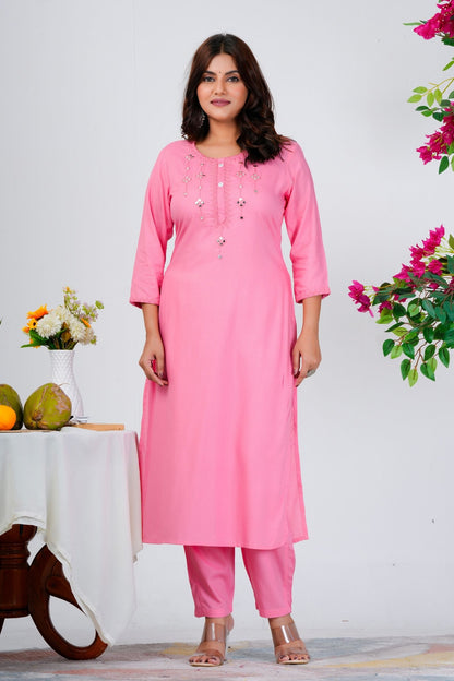 Elegant Baby Pink Solid Kurta Set with Subtle Embellishments