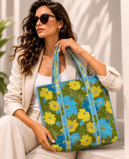 Floral Quilted Cotton Tote, Indian Boho Shoulder Bag, Large Everyday Travel Bag