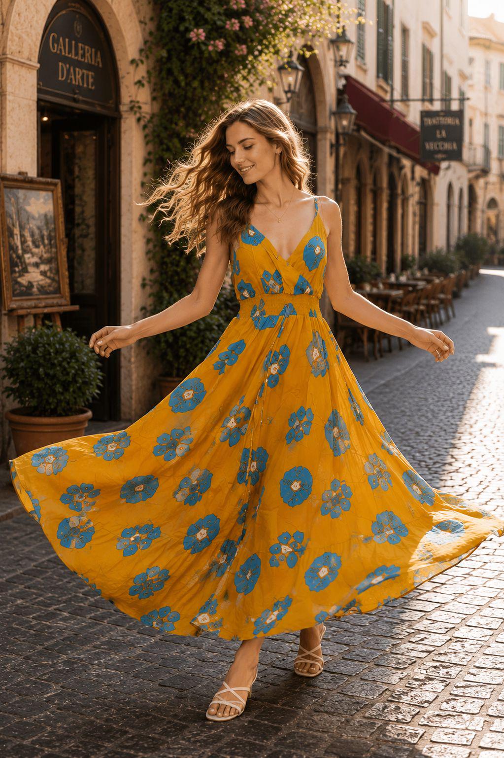 Indian Rayon Kyra Midi Dress | Boho Summer Floral Print, Relaxed Fit Women's Apparel