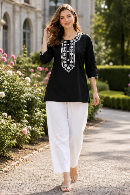 White Embroidered Rayon Kurti | Round Neck Long Sleeve Tunic Top (M-2XL)