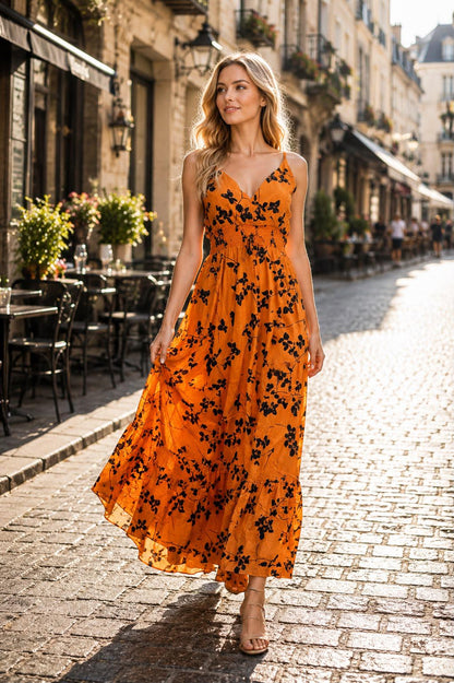 Indian Rayon Block Print Kyra Midi Dress, Boho Summer Maxi Dress for Women, Ethnic Floral Vacation Dress, Lightweight Resort Wear