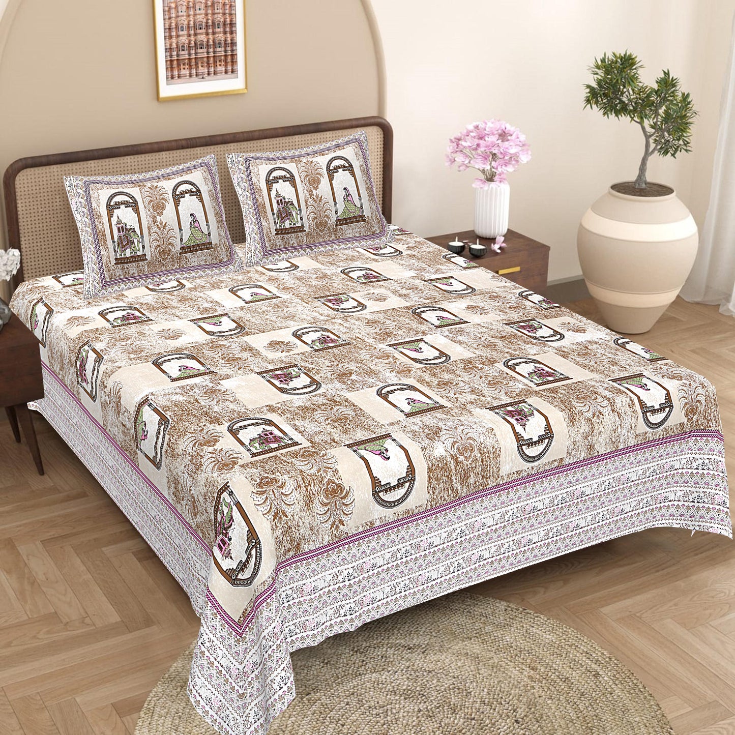 Jaipuri Hand Block Print Cotton Double Bedsheet Set, Rajasthani Zipper Pillow Covers