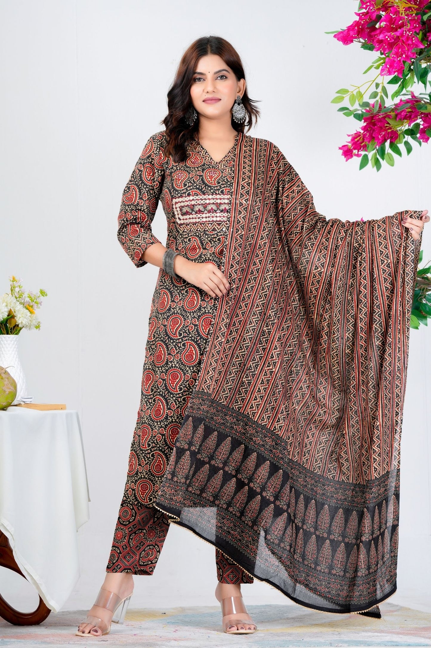 Classic Black & Red Paisley Printed Kurta Set with Dupatta