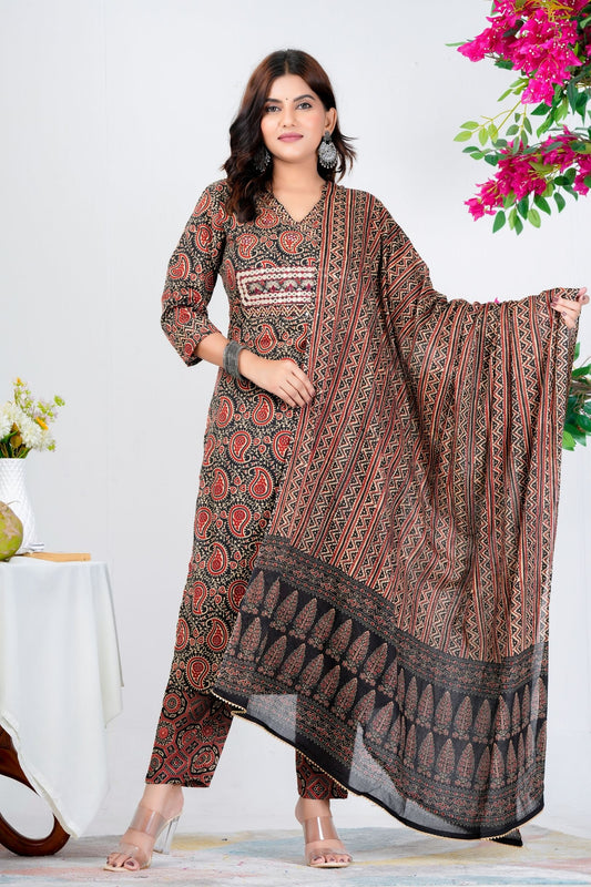 Classic Black & Red Paisley Printed Kurta Set with Dupatta