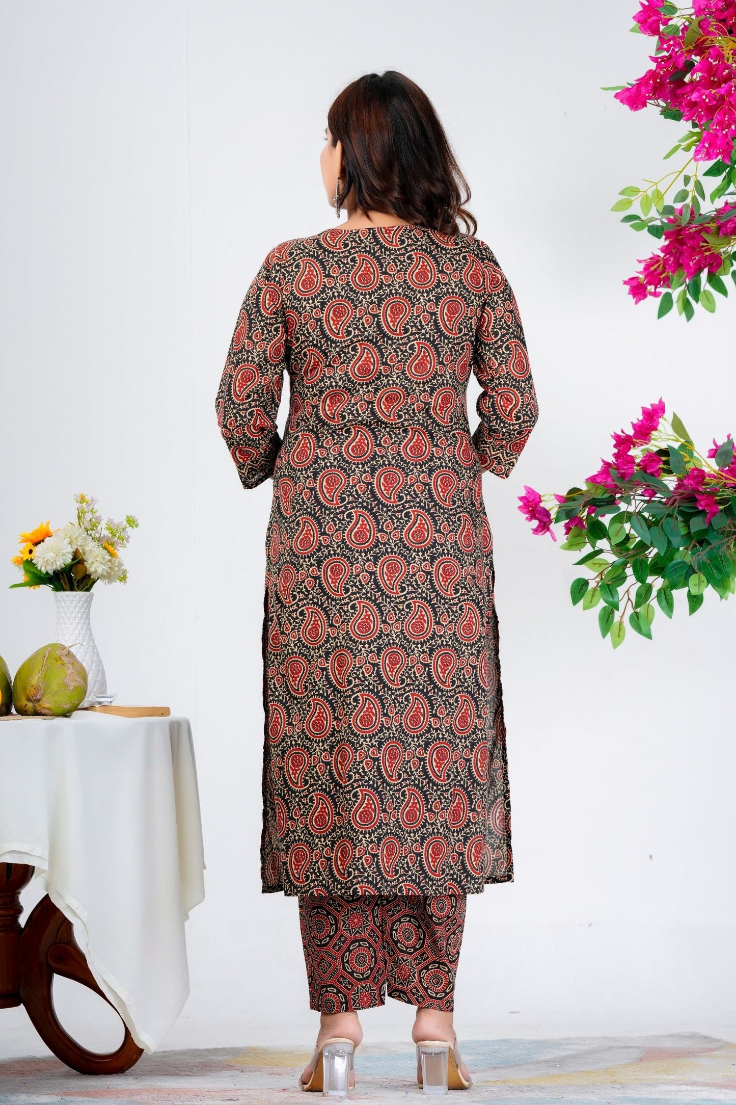 Classic Black & Red Paisley Printed Kurta Set with Dupatta