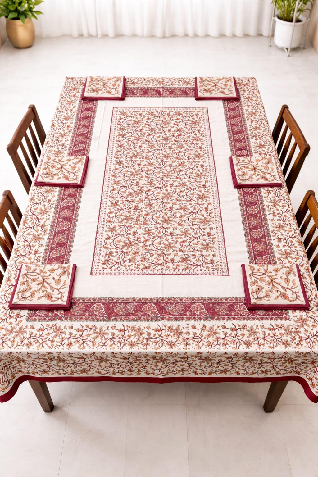 Bagru Print Cotton Table Cover Set, 60x90 Inch, 6 Napkins, Indian Home Decor