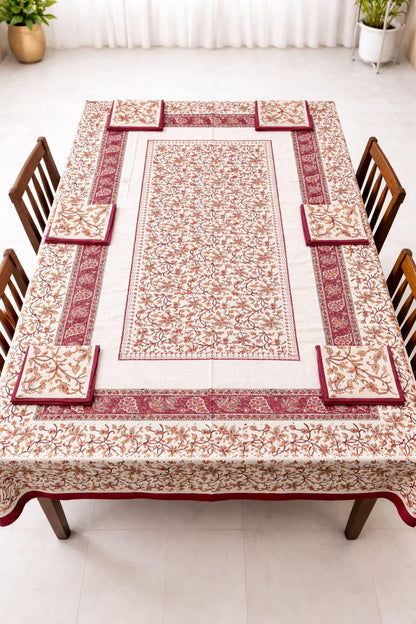 Bagru Print Cotton Table Cover Set, 60x90 Inch, 6 Napkins, Indian Home Decor