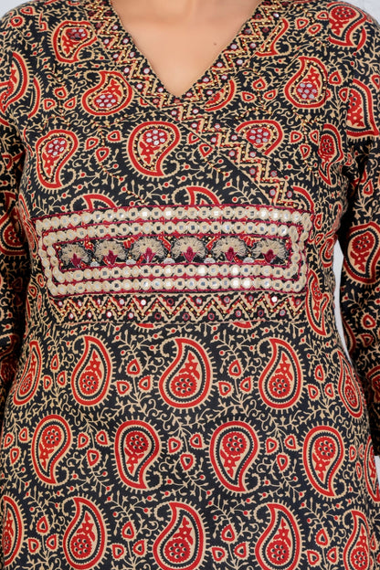 Classic Black & Red Paisley Printed Kurta Set with Dupatta