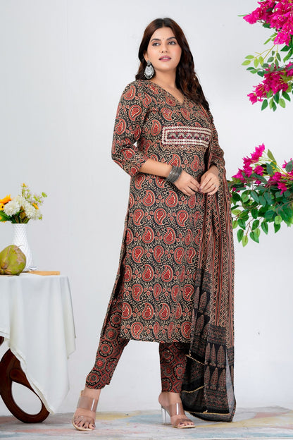 Classic Black & Red Paisley Printed Kurta Set with Dupatta