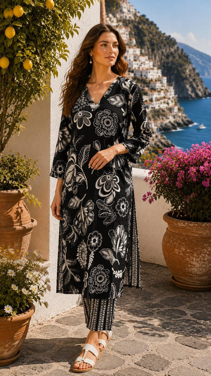 Black Jaipuri Cotton Kurta Pant Set, Floral Indian Ethnic Co-ord Outfit (M-2XL)