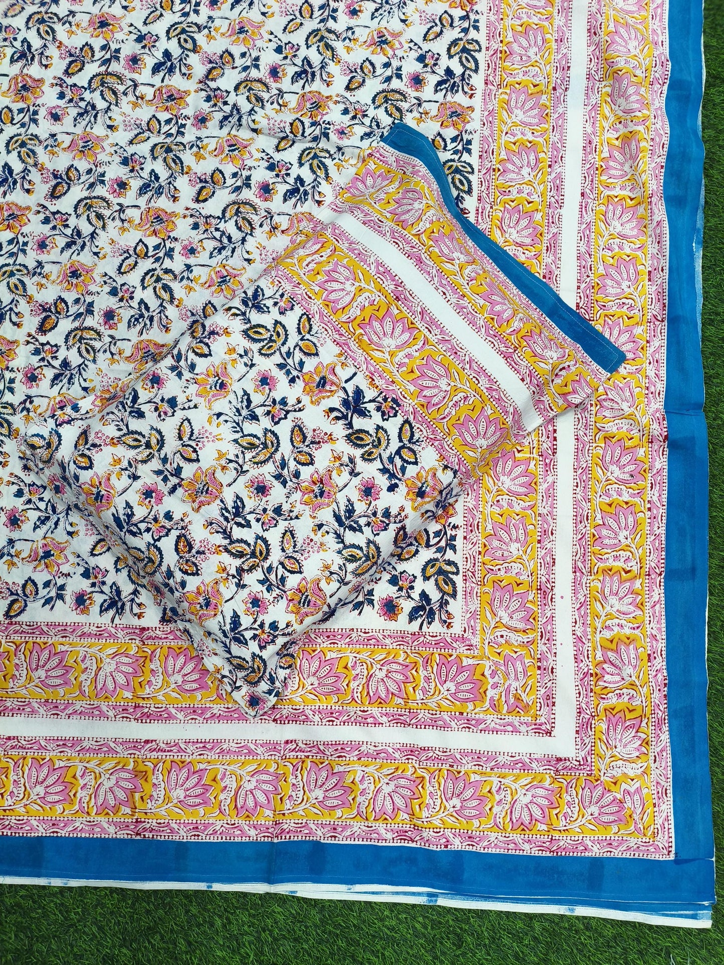 Rajasthani Traditional Pure Hand Block Printed Cotton Double Bedsheet with Zipper Pillow Covers