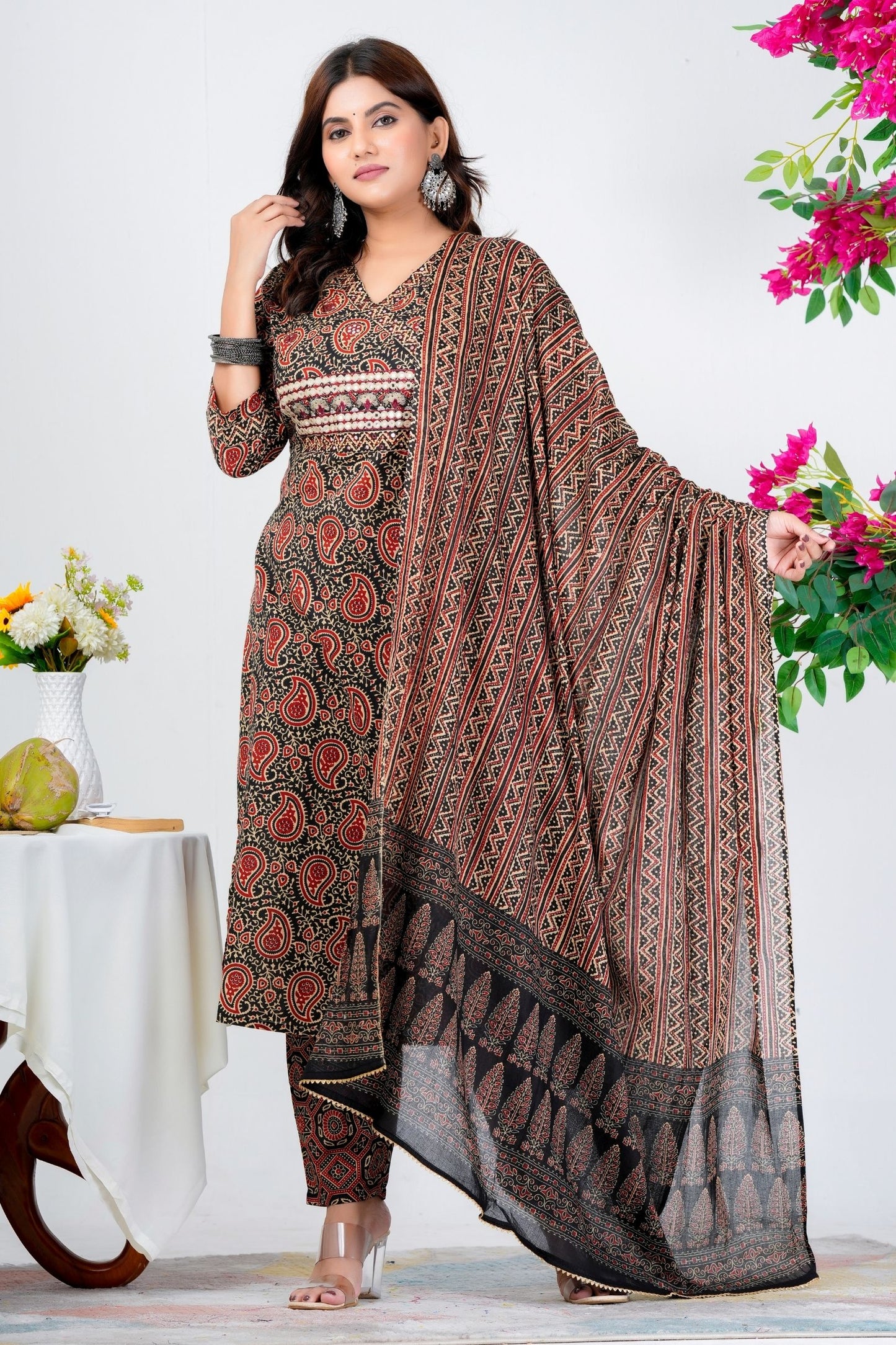 Classic Black & Red Paisley Printed Kurta Set with Dupatta