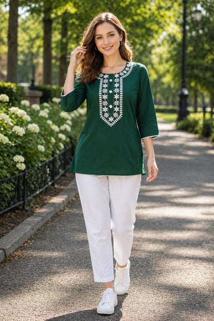 White Embroidered Rayon Kurti | Round Neck Long Sleeve Tunic Top (M-2XL)