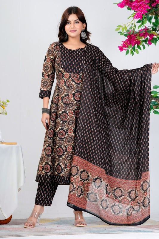 Elegant Black & Beige Floral Printed Kurta Set with Dupatta