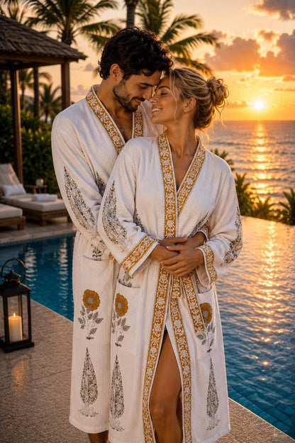 Hand Block Printed Cotton Bathrobe for Couples | His & Hers Waffle Robes | Green Floral Jaipur Handmade Wedding Gift