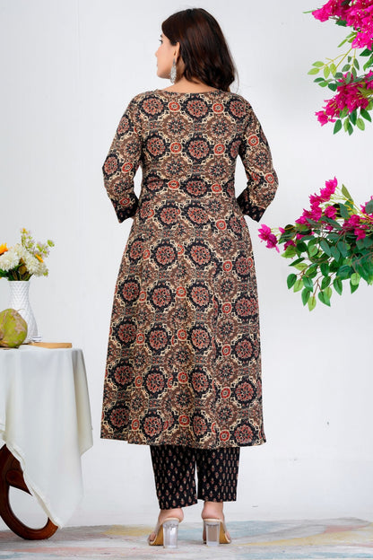 Elegant Black & Beige Floral Printed Kurta Set with Dupatta