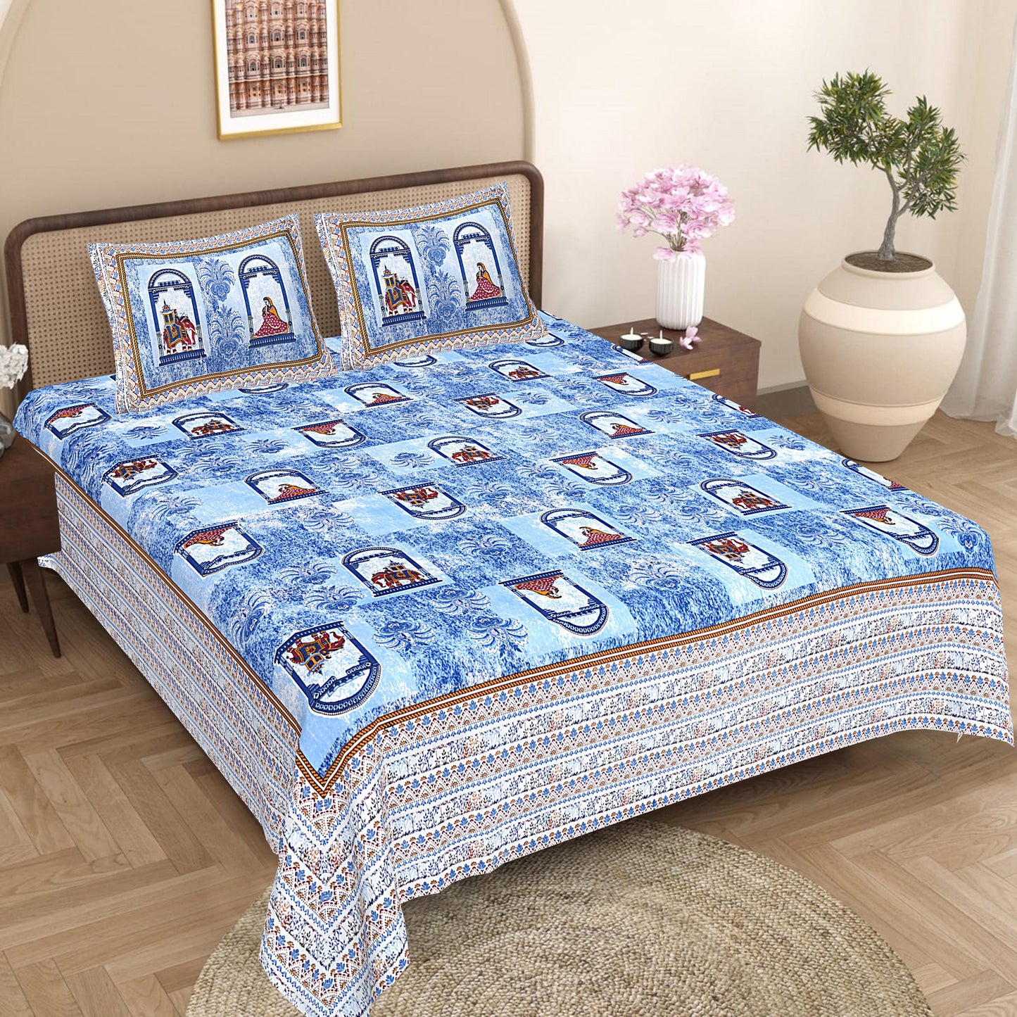 Jaipuri Hand Block Print Cotton Double Bedsheet Set, Rajasthani Zipper Pillow Covers