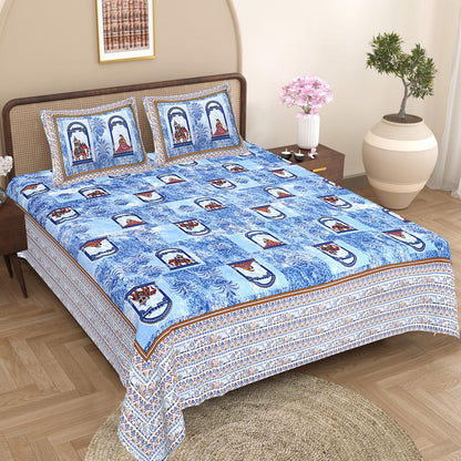 Jaipuri Hand Block Print Cotton Double Bedsheet Set, Rajasthani Zipper Pillow Covers