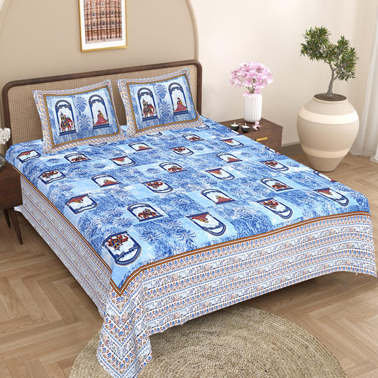 Jaipuri Hand Block Print Cotton Double Bedsheet Set, Rajasthani Zipper Pillow Covers
