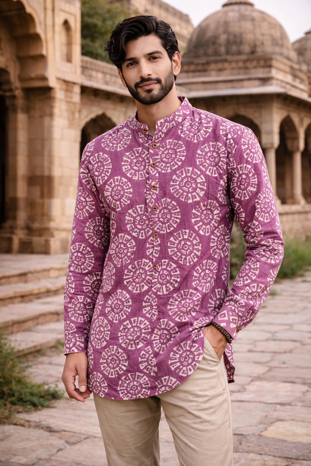 Jaipuri Printed Short Kurta for Men | 100% Cotton Rajasthani Ethnic Wear | Full Sleeves Indian Kurta