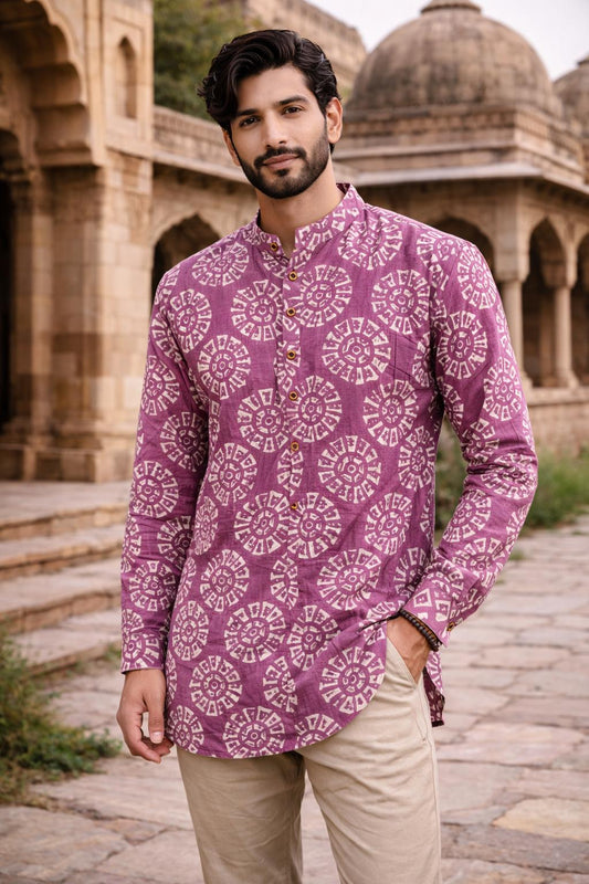 Jaipuri Printed Short Kurta for Men | 100% Cotton Rajasthani Ethnic Wear | Full Sleeves Indian Kurta