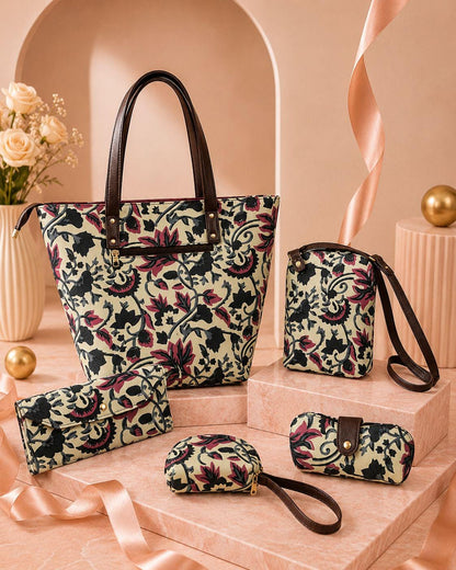 Jaipuri Print Cotton Bag Set, 5 Piece Tote Sling Clutch Set, Goggle Case & Coin Purse, Indian Gift Set