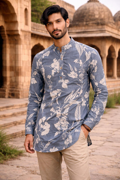 Jaipuri Printed Short Kurta for Men | 100% Cotton Rajasthani Ethnic Wear | Full Sleeves Indian Kurta